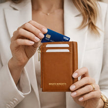Charger l'image dans la galerie, RB1085S | Women's Wallet Made in Italy in Soft Genuine Sauvage Leather. Matte Gold Metal Hardware. Cognac Color. Dimensions (closed): 8 x 11.5 x 2 cm-3
