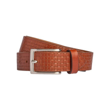 Charger l'image dans la galerie, RB4028S | Men's Belt with Allover Print, Made in Italy in Genuine Vegetable-Tanned Leather. Satin Silver Buckle. Cognac Color. Dimensions: 125 x 3.5 x 0.5 cm (waistline 110 cm)-0
